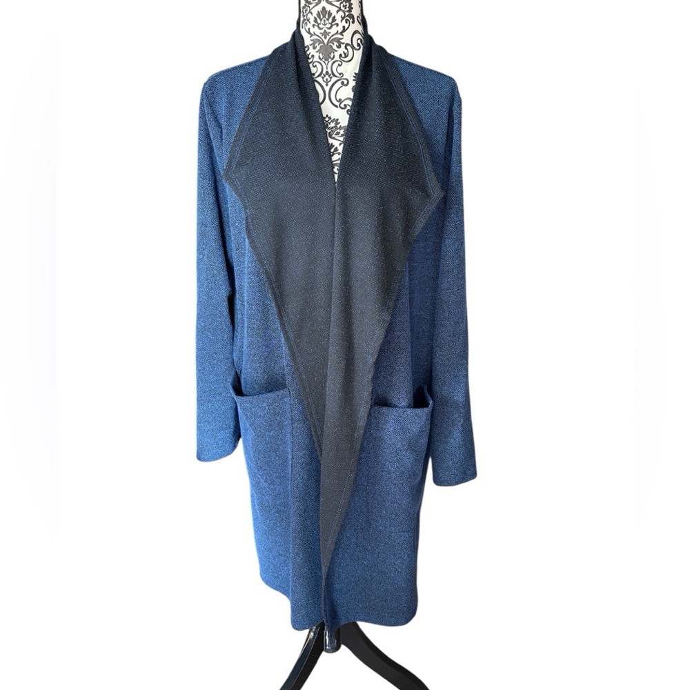 Blue and Black Open Front Long Cardigan 3X